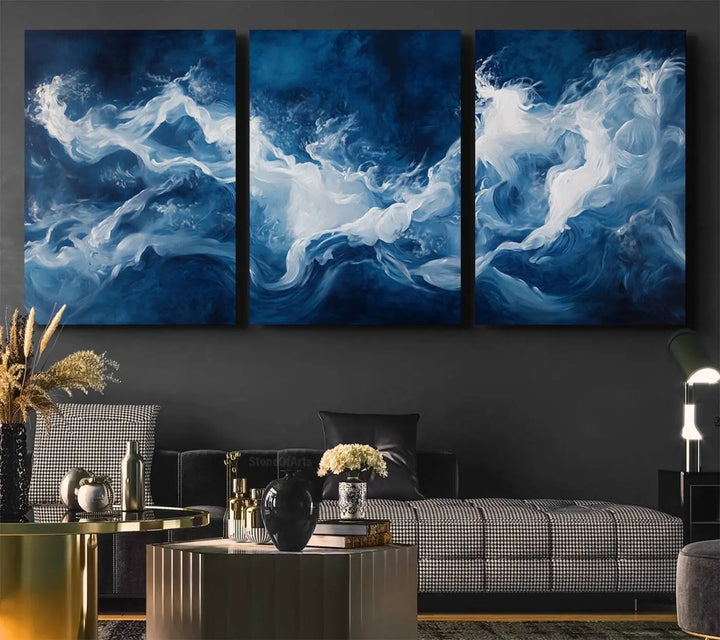 The room features an Abstract Ocean Storm Canvas Art in deep blue and white.