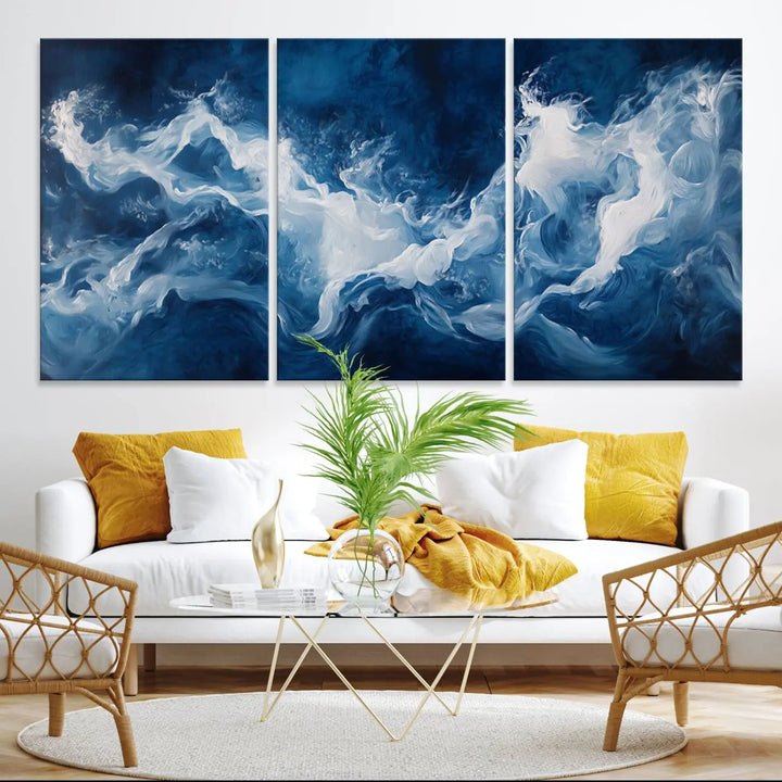 The room features an Abstract Ocean Storm Canvas Art in deep blue and white.