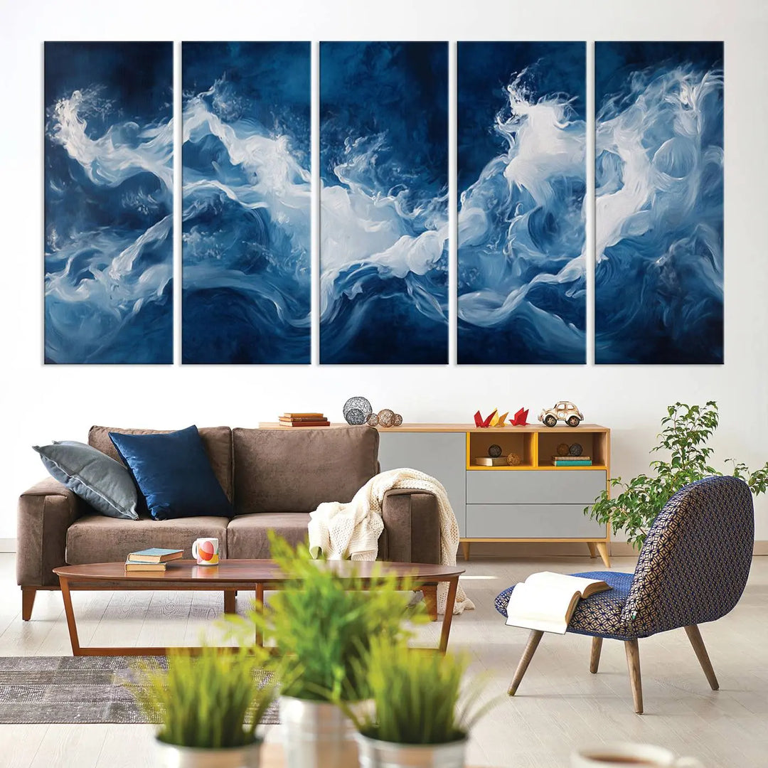 The room features an Abstract Ocean Storm Canvas Art in deep blue and white.