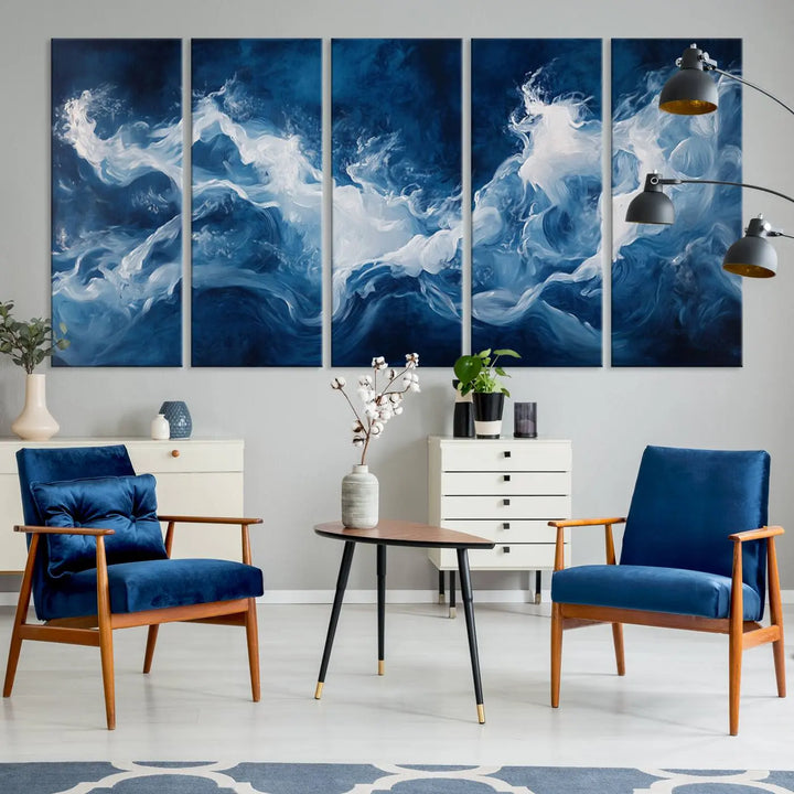 The room features an Abstract Ocean Storm Canvas Art in deep blue and white.