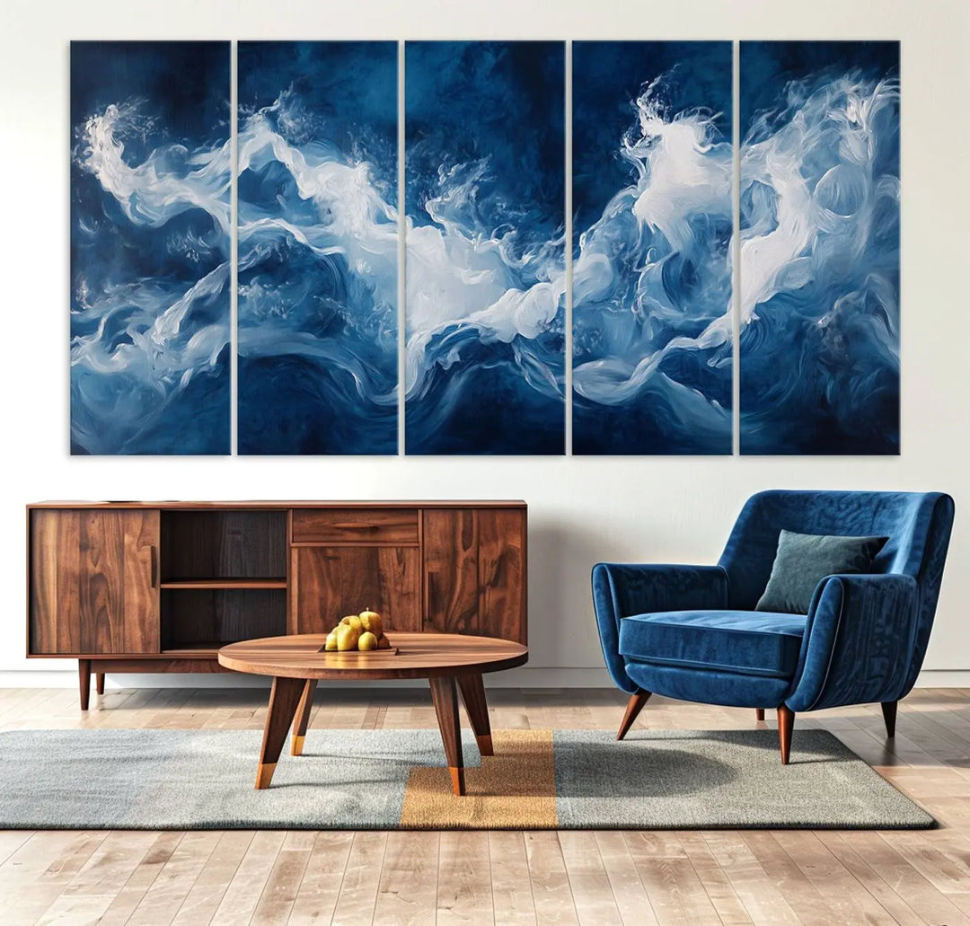 The room features an Abstract Ocean Storm Canvas Art in deep blue and white.