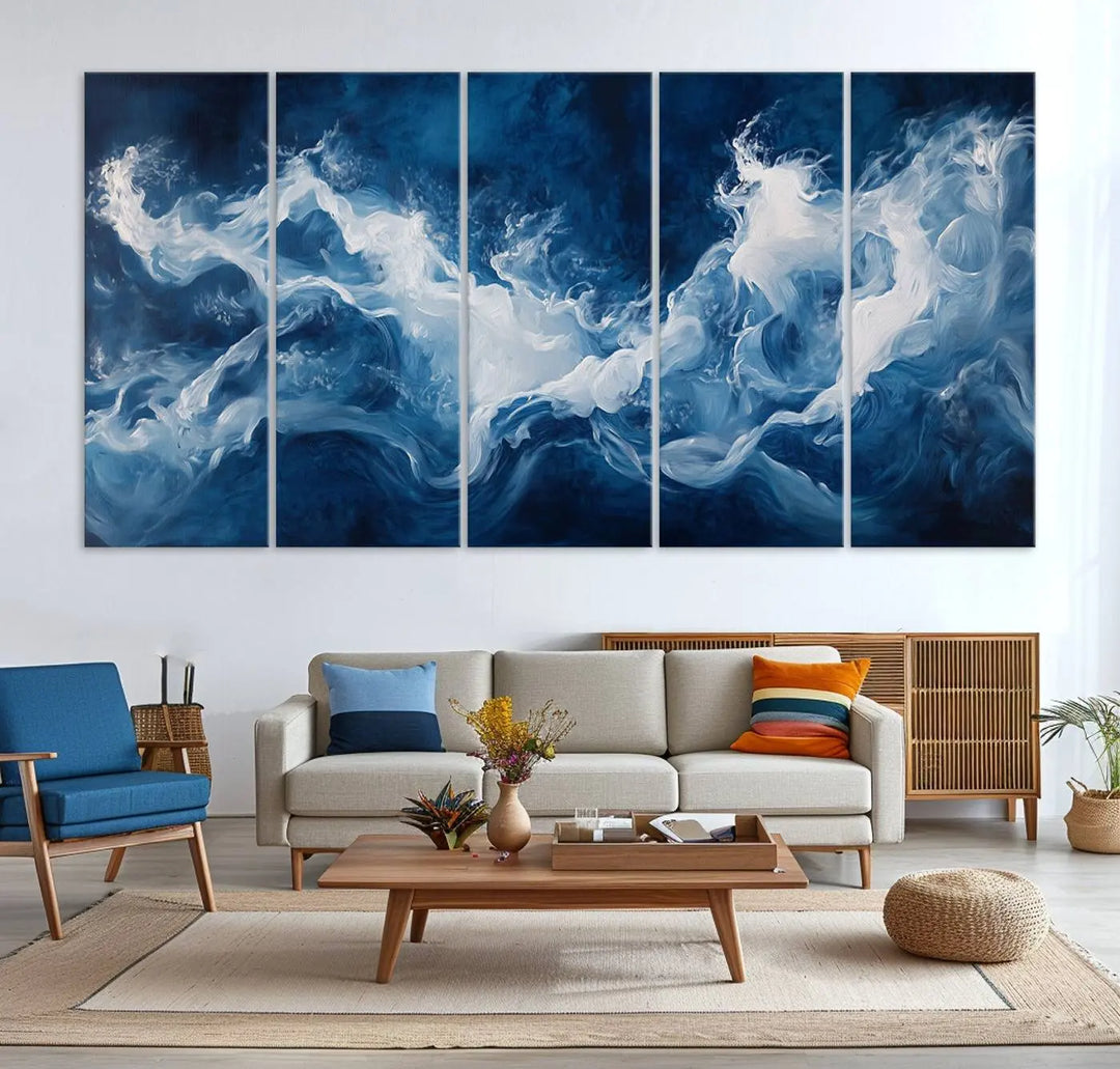 The room features an Abstract Ocean Storm Canvas Art in deep blue and white.