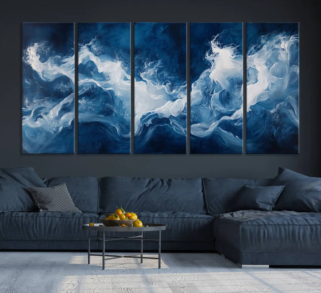 The room features an Abstract Ocean Storm Canvas Art in deep blue and white.