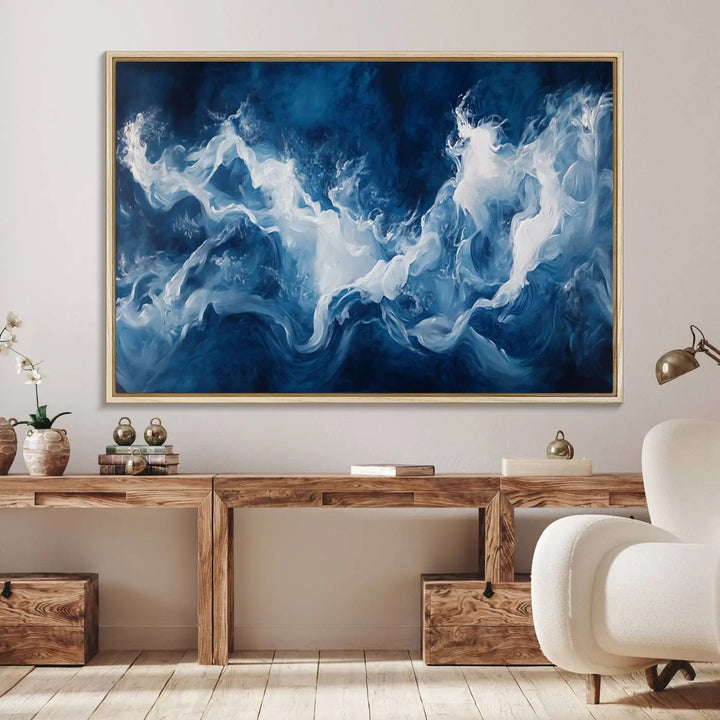 The room features an Abstract Ocean Storm Canvas Art in deep blue and white.