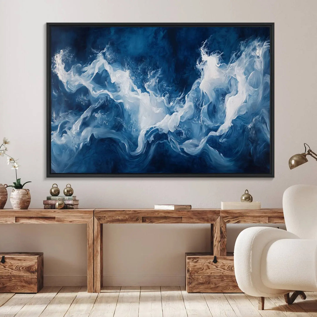 The room features an Abstract Ocean Storm Canvas Art in deep blue and white.