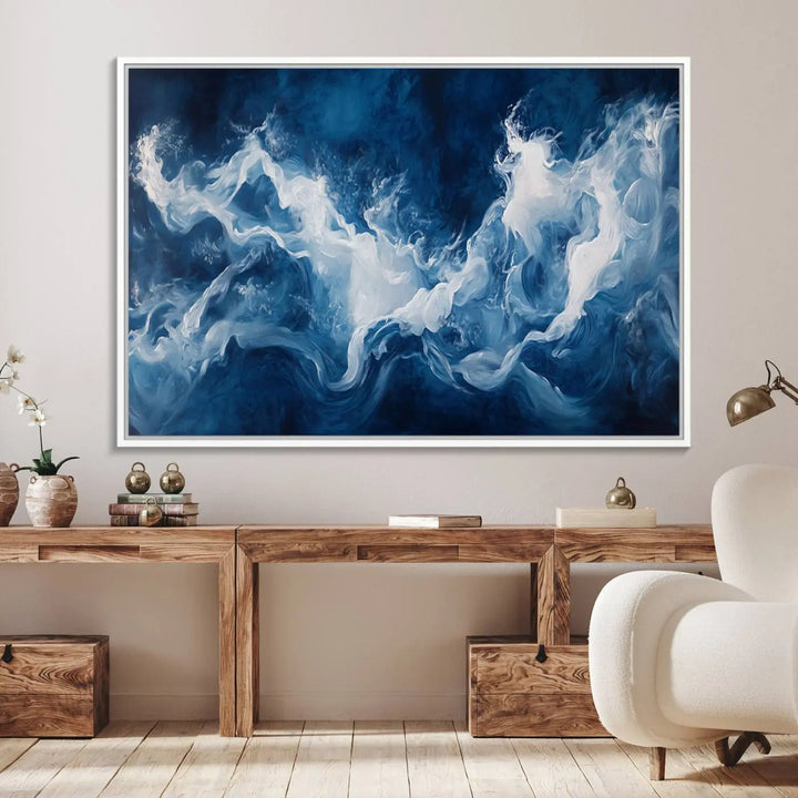 The room features an Abstract Ocean Storm Canvas Art in deep blue and white.