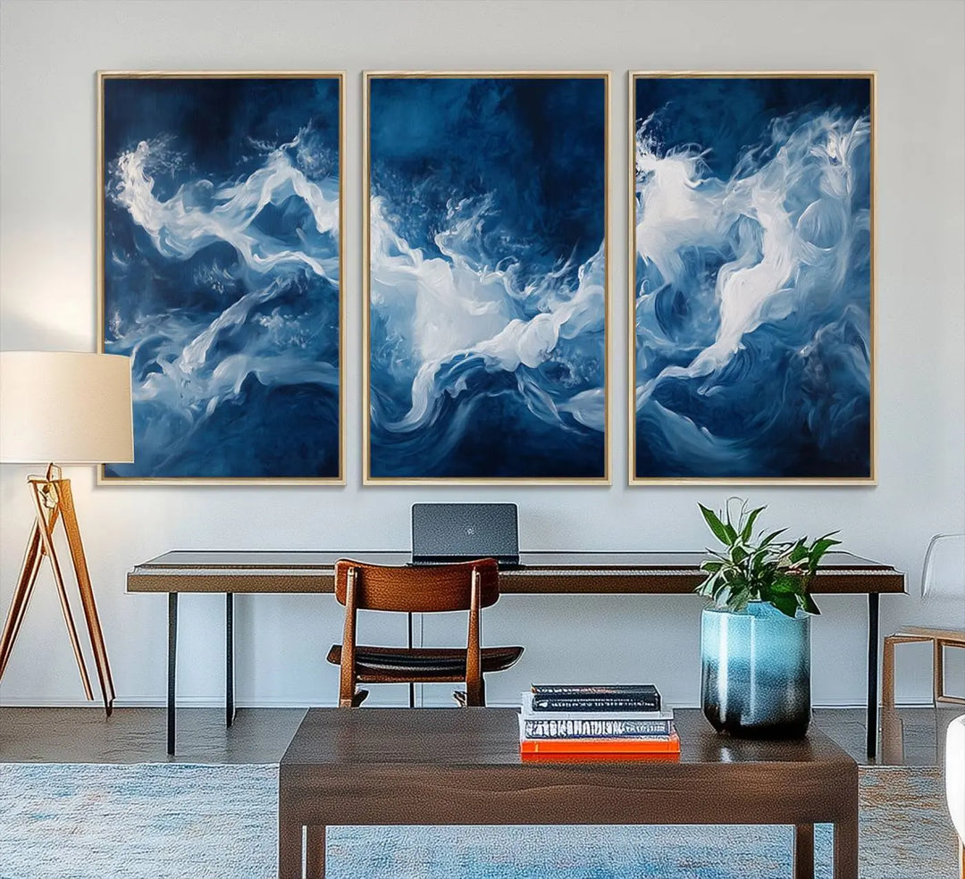 The room features an Abstract Ocean Storm Canvas Art in deep blue and white.