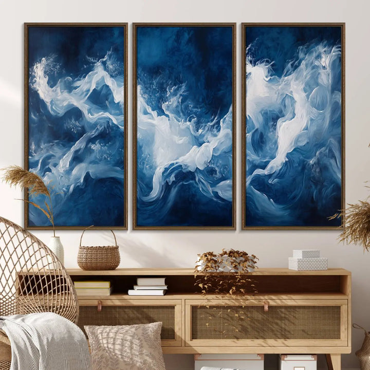 The room features an Abstract Ocean Storm Canvas Art in deep blue and white.