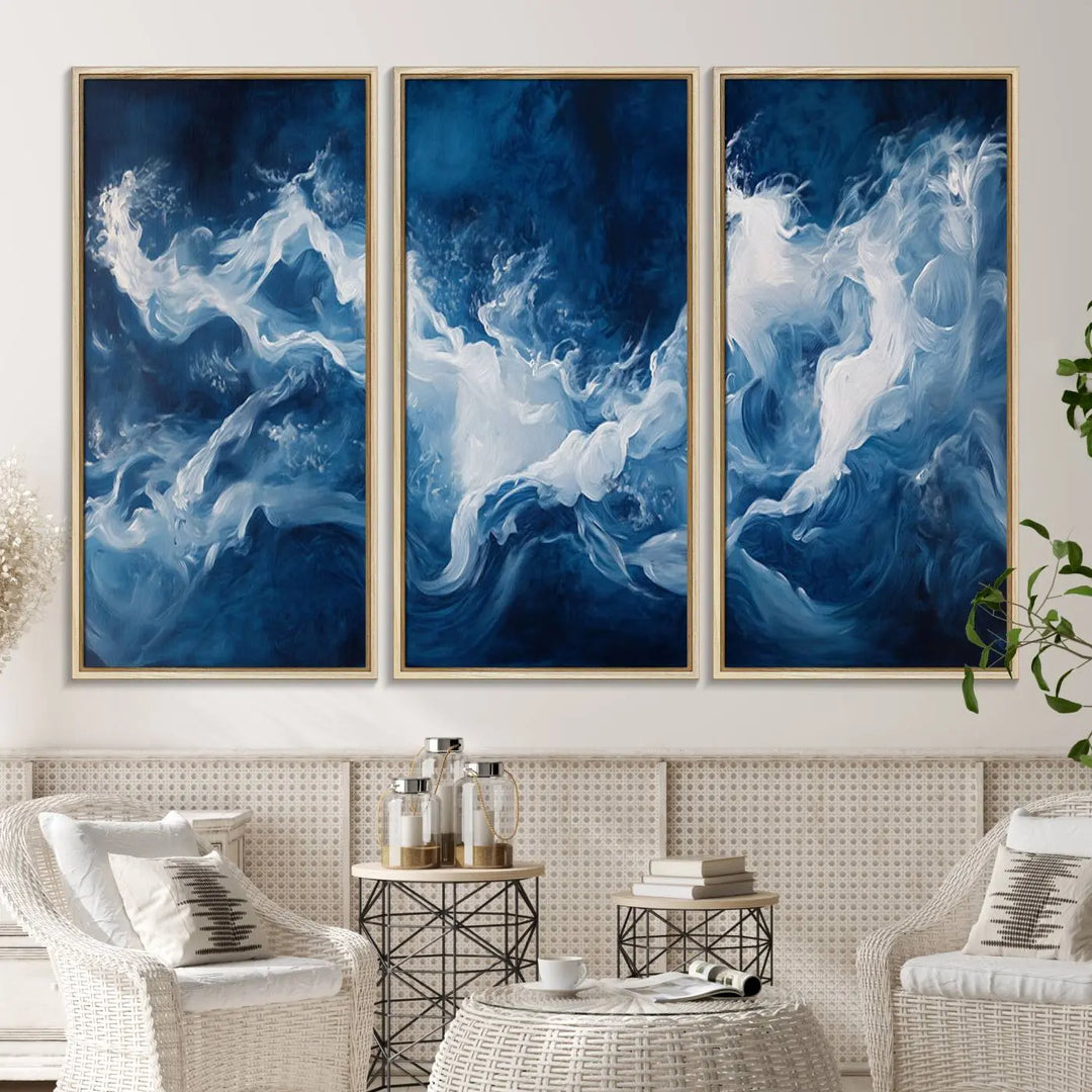 The room features an Abstract Ocean Storm Canvas Art in deep blue and white.