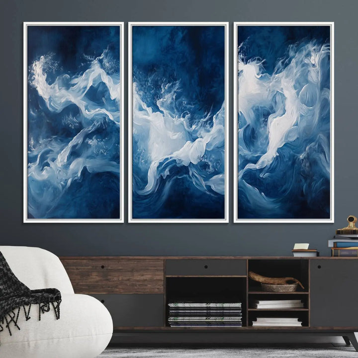 The room features an Abstract Ocean Storm Canvas Art in deep blue and white.