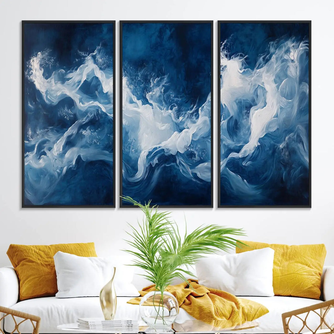 The room features an Abstract Ocean Storm Canvas Art in deep blue and white.