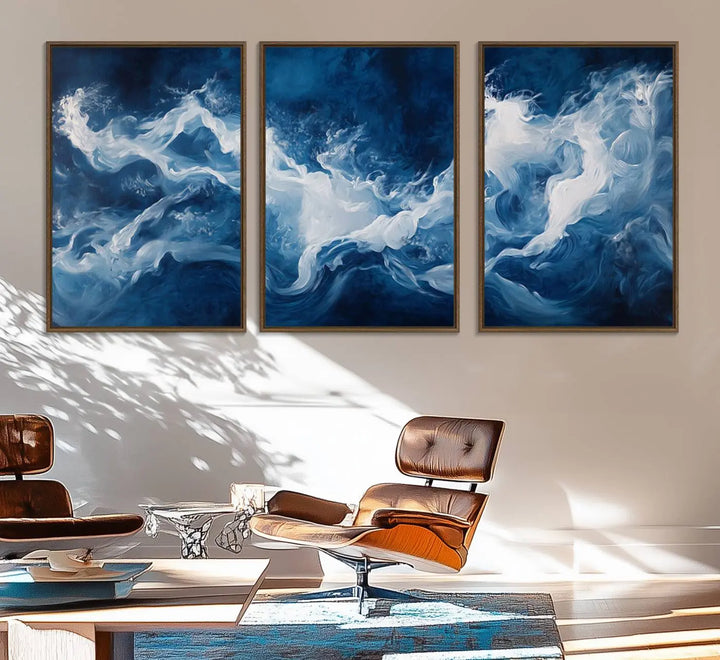 The room features an Abstract Ocean Storm Canvas Art in deep blue and white.