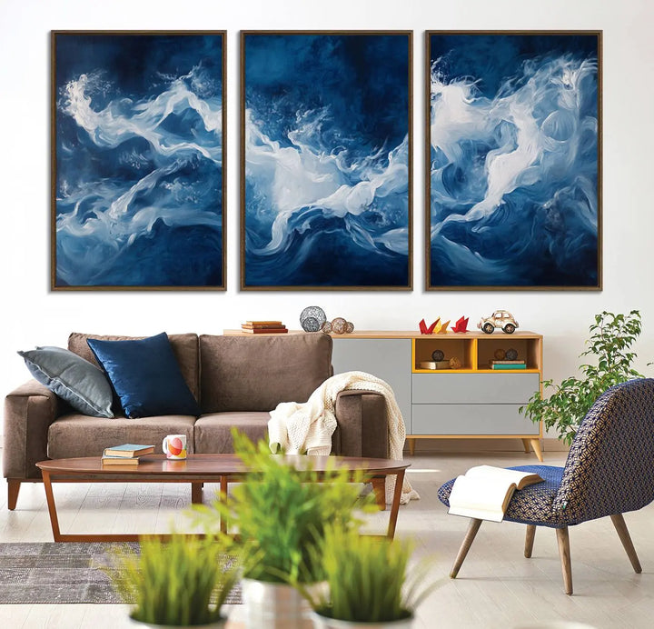 The room features an Abstract Ocean Storm Canvas Art in deep blue and white.