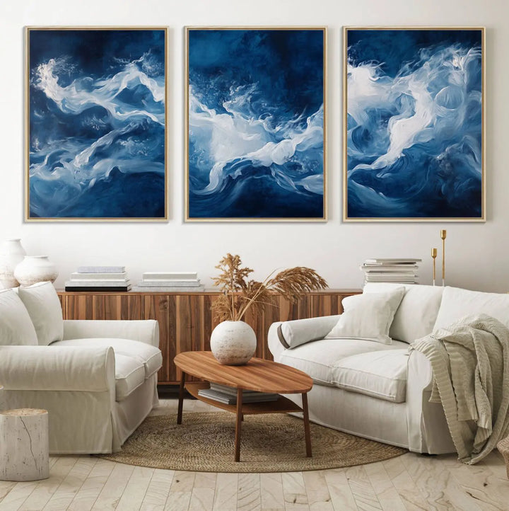 The room features an Abstract Ocean Storm Canvas Art in deep blue and white.