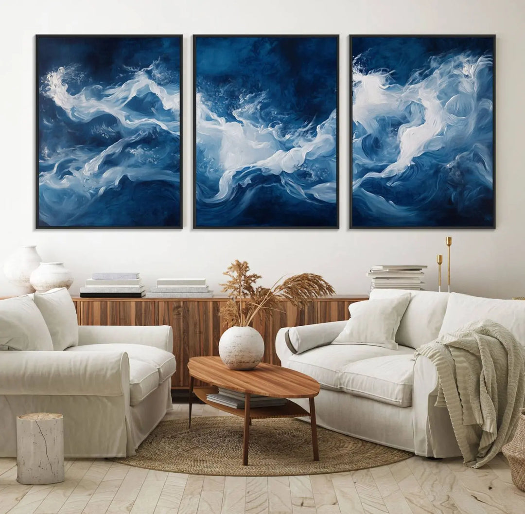 The room features an Abstract Ocean Storm Canvas Art in deep blue and white.