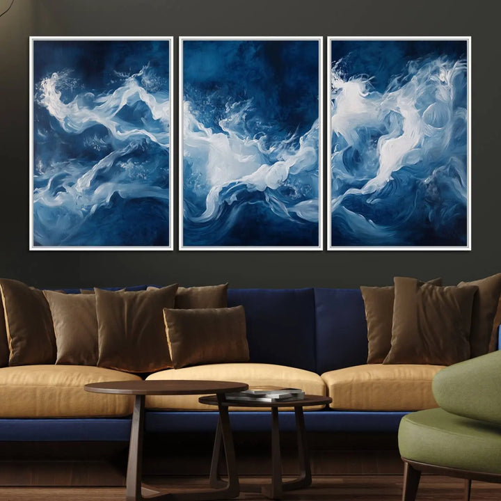 The room features an Abstract Ocean Storm Canvas Art in deep blue and white.