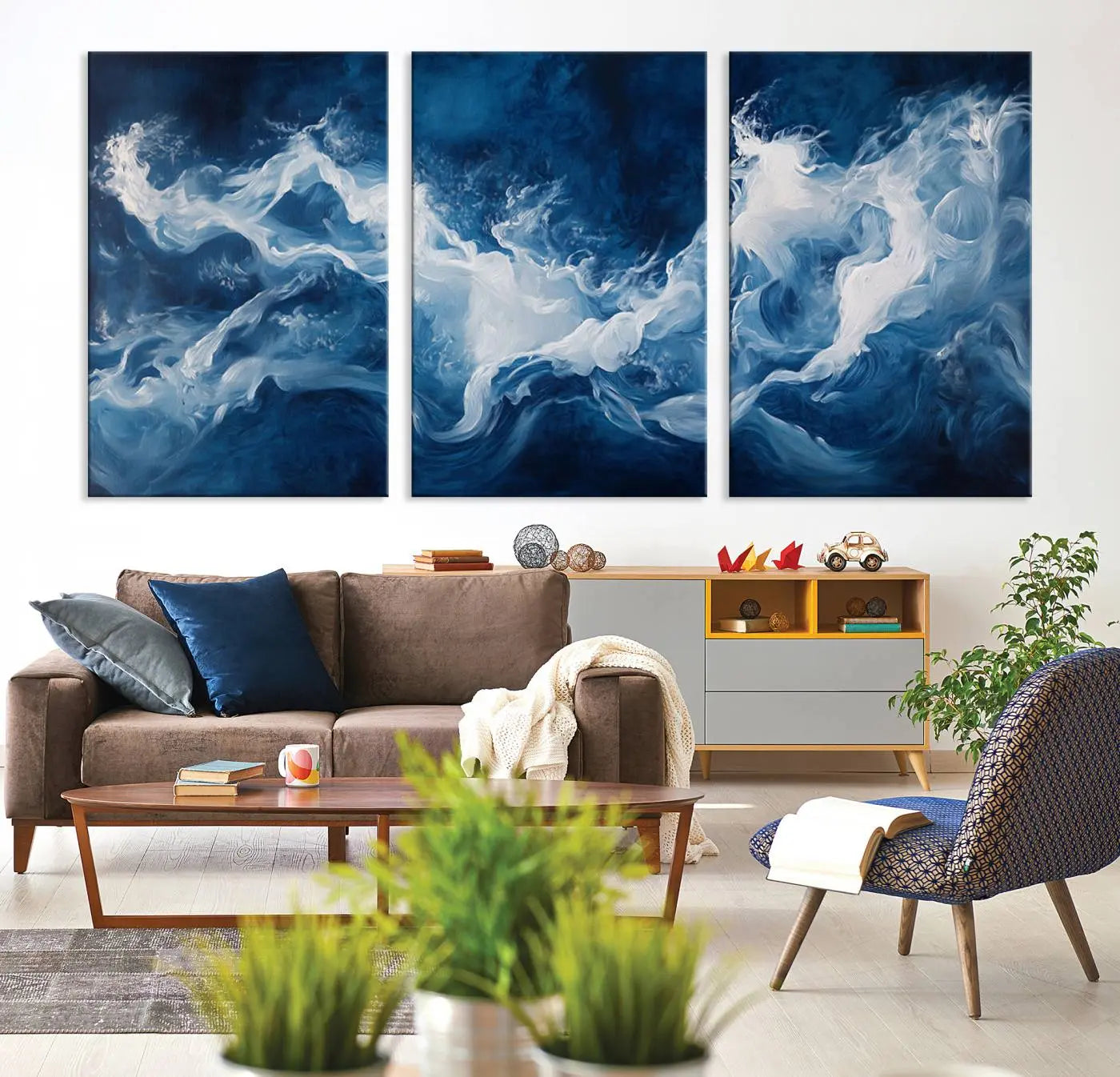 31179-MGV-CV-36X24-Abstract Ocean Storm Canvas Wall Art - Deep Blue and White Sea Painting - Modern Coastal Artwork for Nautical Home Decor