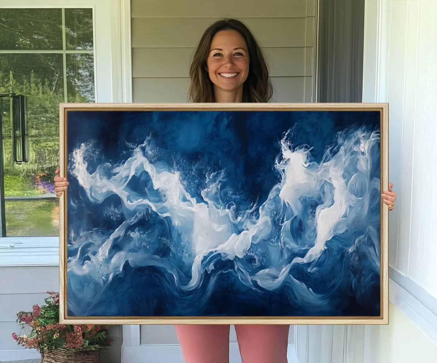 31179-MGV-CV-36X24-Abstract Ocean Storm Canvas Wall Art - Deep Blue and White Sea Painting - Modern Coastal Artwork for Nautical Home Decor