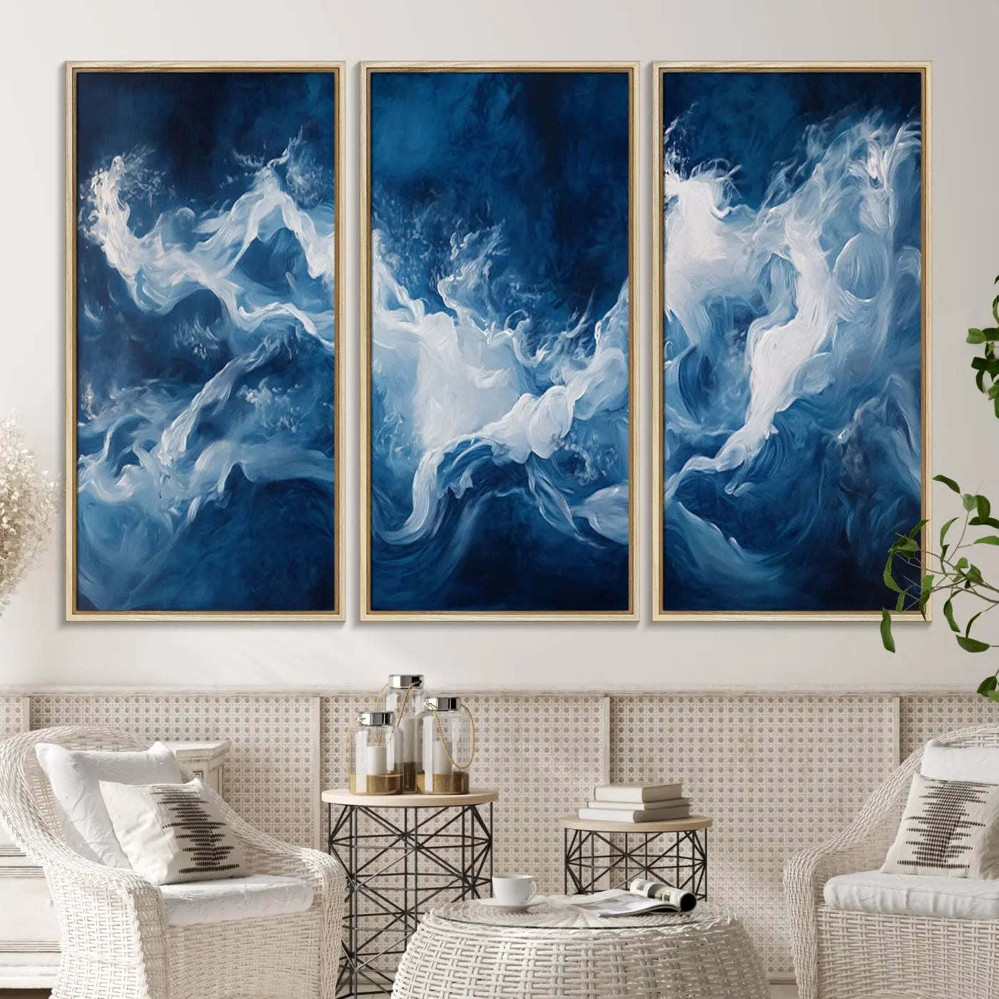 31179-MGV-CV-36X24-Abstract Ocean Storm Canvas Wall Art - Deep Blue and White Sea Painting - Modern Coastal Artwork for Nautical Home Decor
