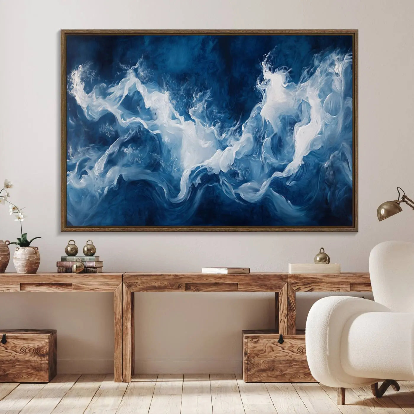 31179-MGV-FC-36X24_Walnut-Abstract Ocean Storm Canvas Wall Art - Deep Blue and White Sea Painting - Modern Coastal Artwork for Nautical Home Decor
