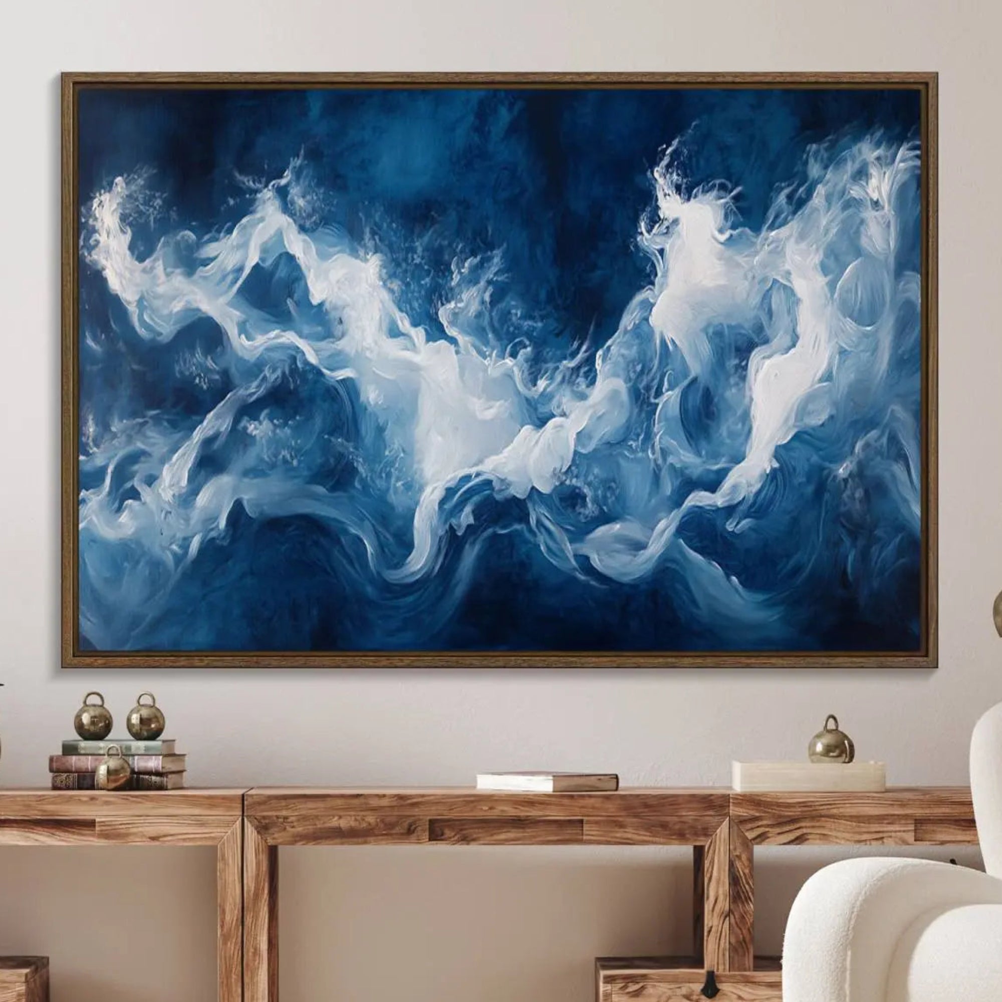 31179-MGV-FC-36X24_Walnut-Abstract Ocean Storm Canvas Wall Art - Deep Blue and White Sea Painting - Modern Coastal Artwork for
