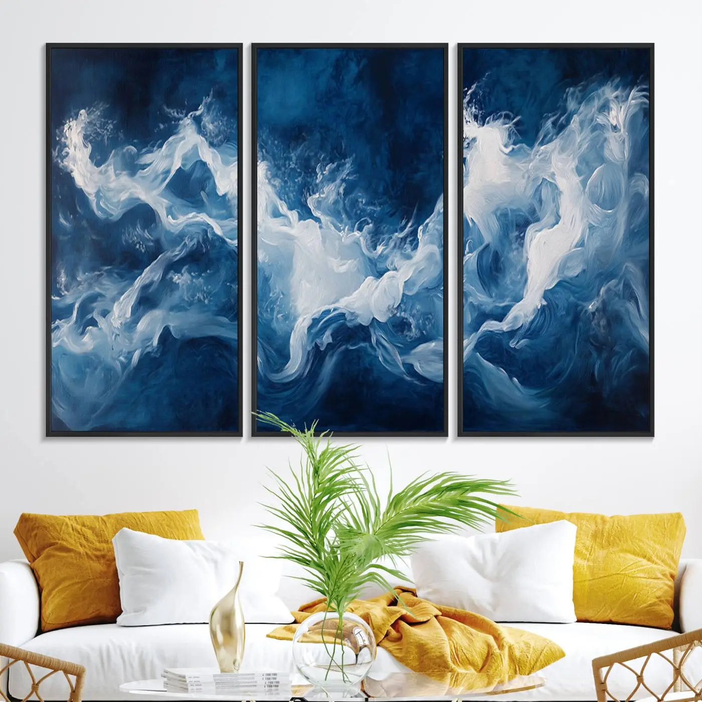 31179-MGV-FC-48X32-3P_Black-Abstract Ocean Storm Canvas Wall Art - Deep Blue and White Sea Painting - Modern Coastal Artwork for Nautical Home Decor