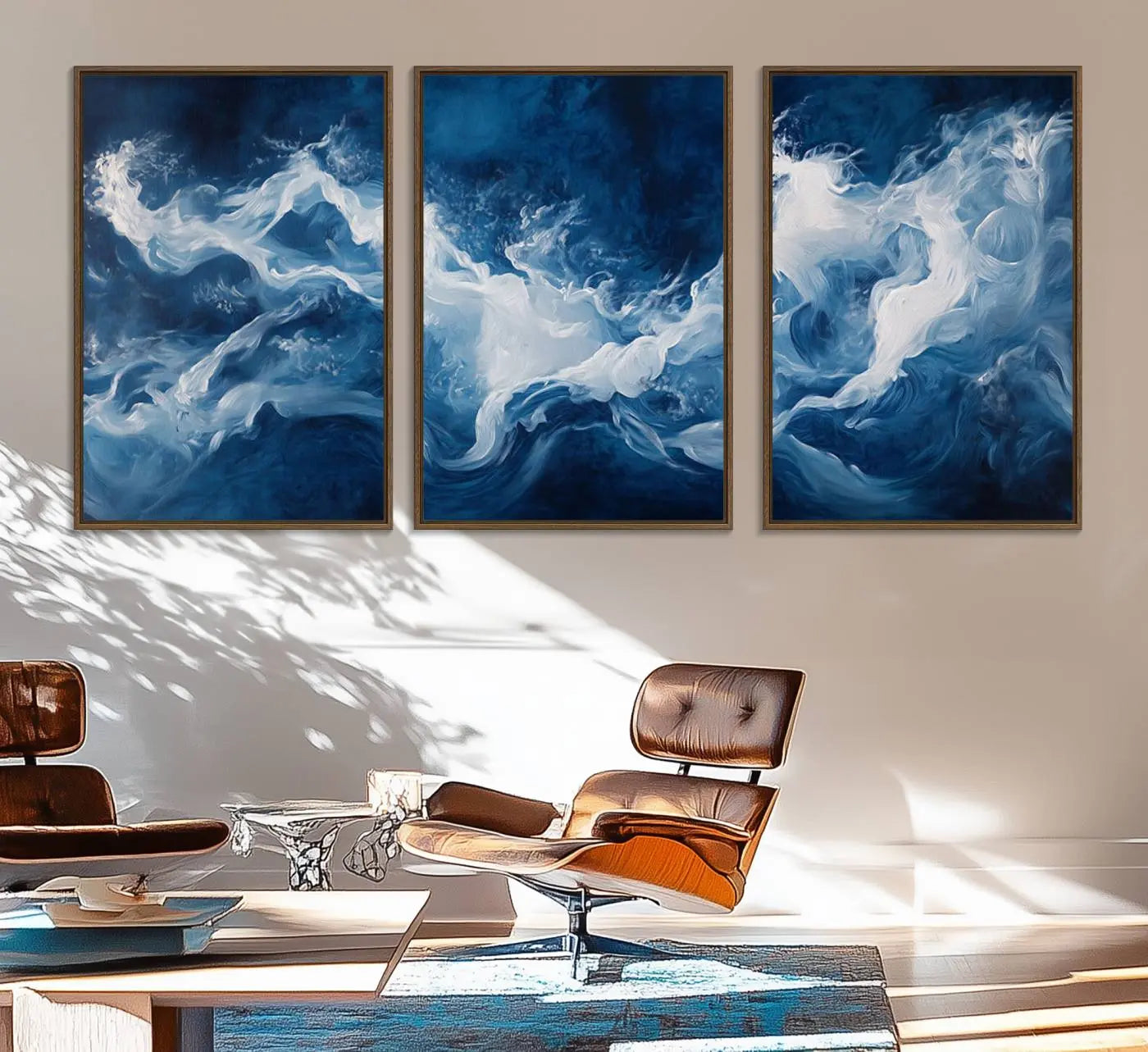 31179-MGV-FC-60X30-3P_Walnut-Abstract Ocean Storm Canvas Wall Art - Deep Blue and White Sea Painting - Modern Coastal Artwork for Nautical Home Decor