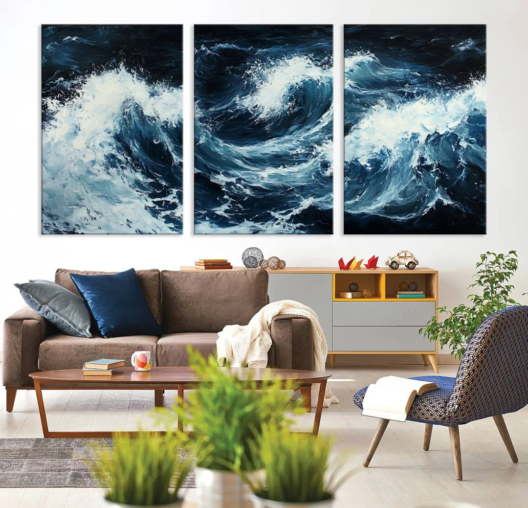 Above the setting, an Abstract Ocean Waves Canvas Wall Art Print is featured.