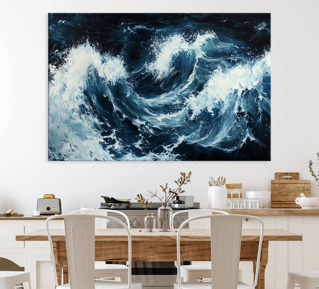 Above the setting, an Abstract Ocean Waves Canvas Wall Art Print is featured.