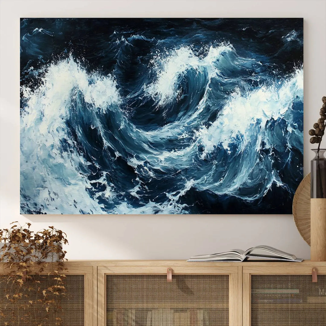 Above the setting, an Abstract Ocean Waves Canvas Wall Art Print is featured.