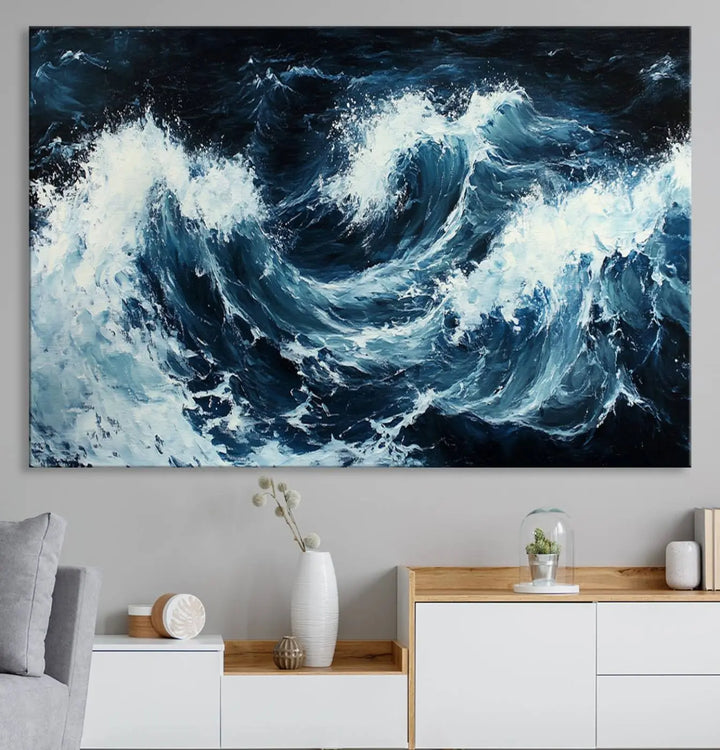 Above the setting, an Abstract Ocean Waves Canvas Wall Art Print is featured.