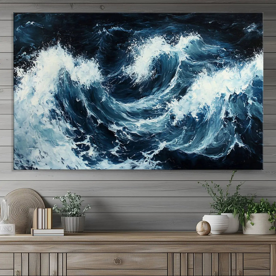 Above the setting, an Abstract Ocean Waves Canvas Wall Art Print is featured.