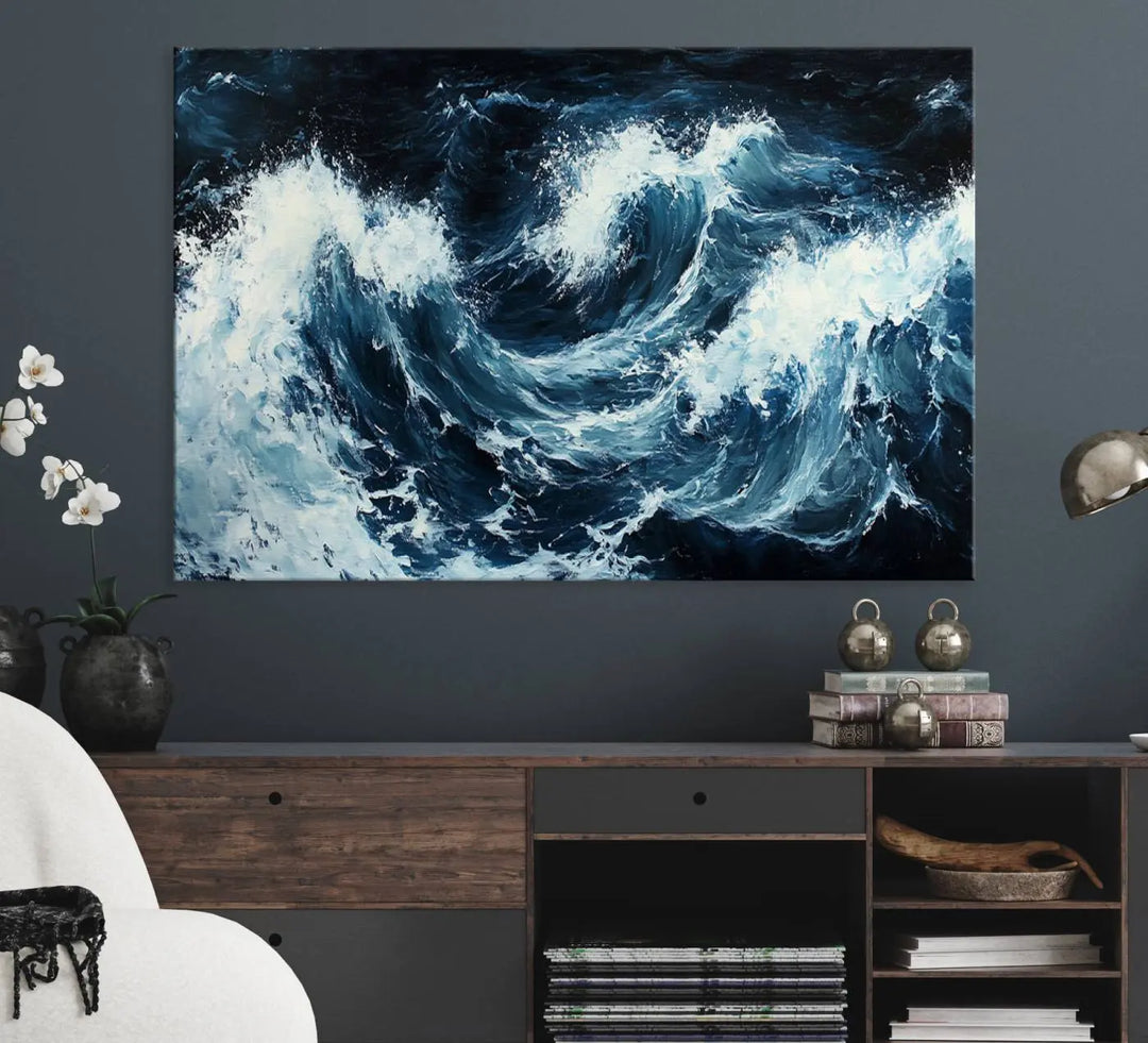 Above the setting, an Abstract Ocean Waves Canvas Wall Art Print is featured.