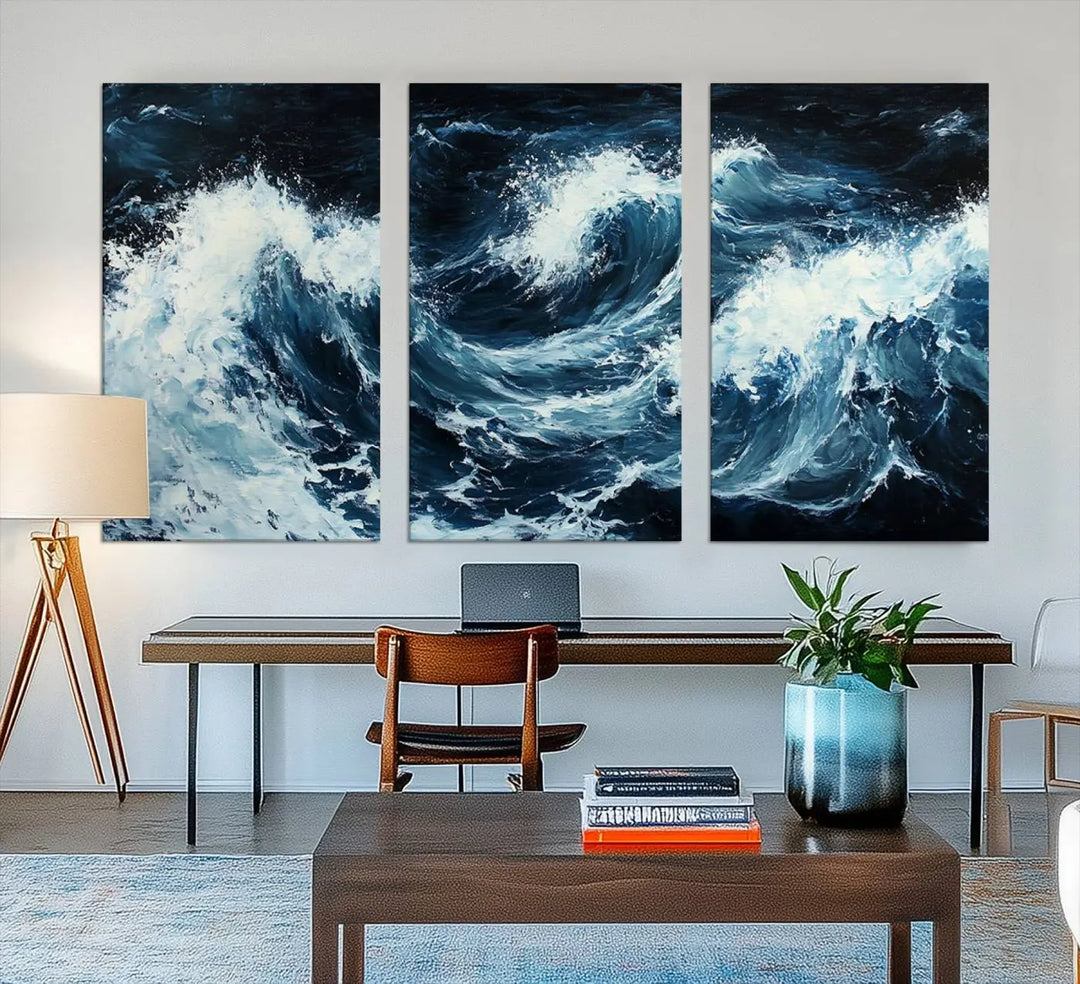 Above the setting, an Abstract Ocean Waves Canvas Wall Art Print is featured.