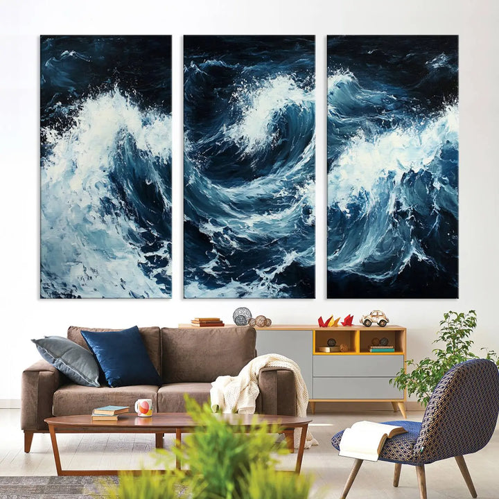 Above the setting, an Abstract Ocean Waves Canvas Wall Art Print is featured.