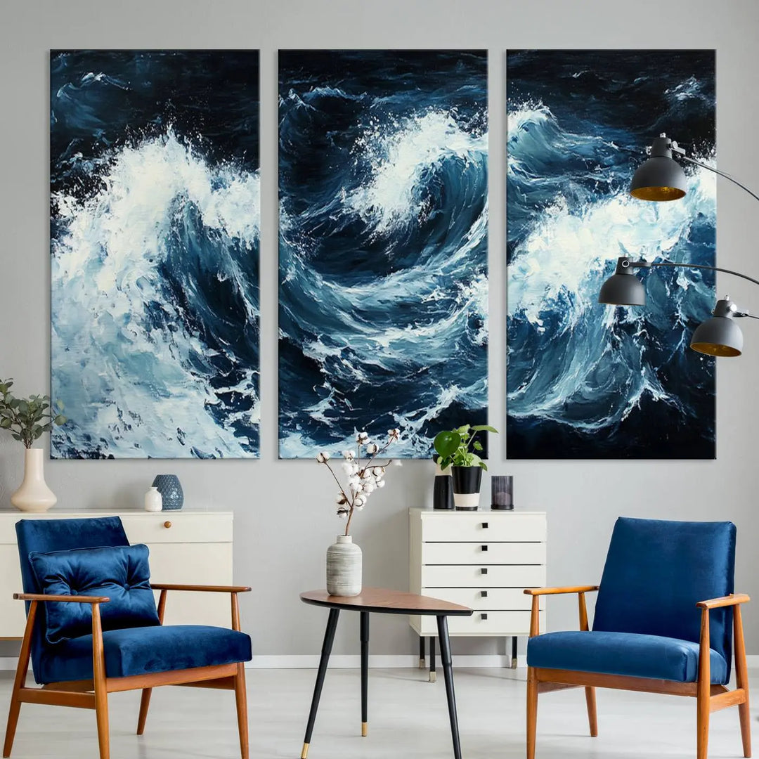 Above the setting, an Abstract Ocean Waves Canvas Wall Art Print is featured.