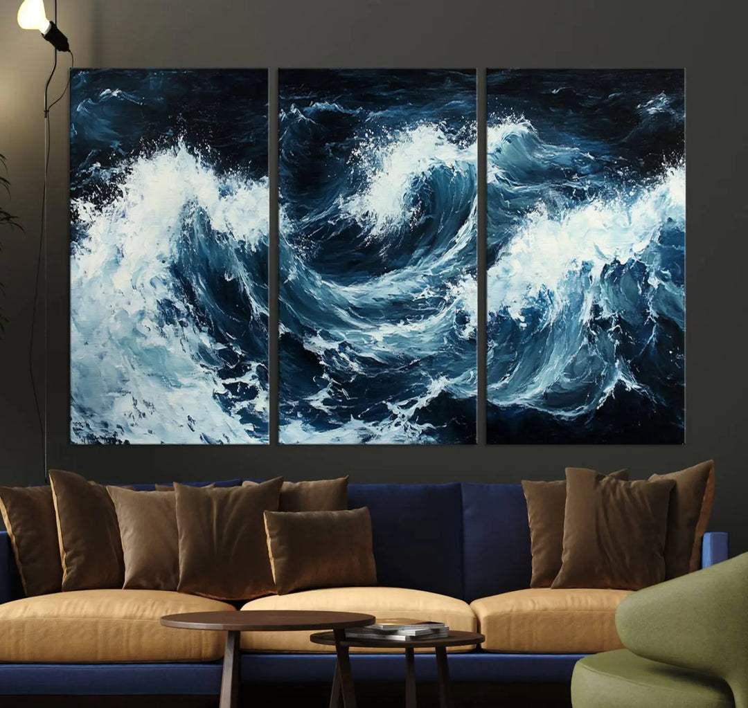 Above the setting, an Abstract Ocean Waves Canvas Wall Art Print is featured.