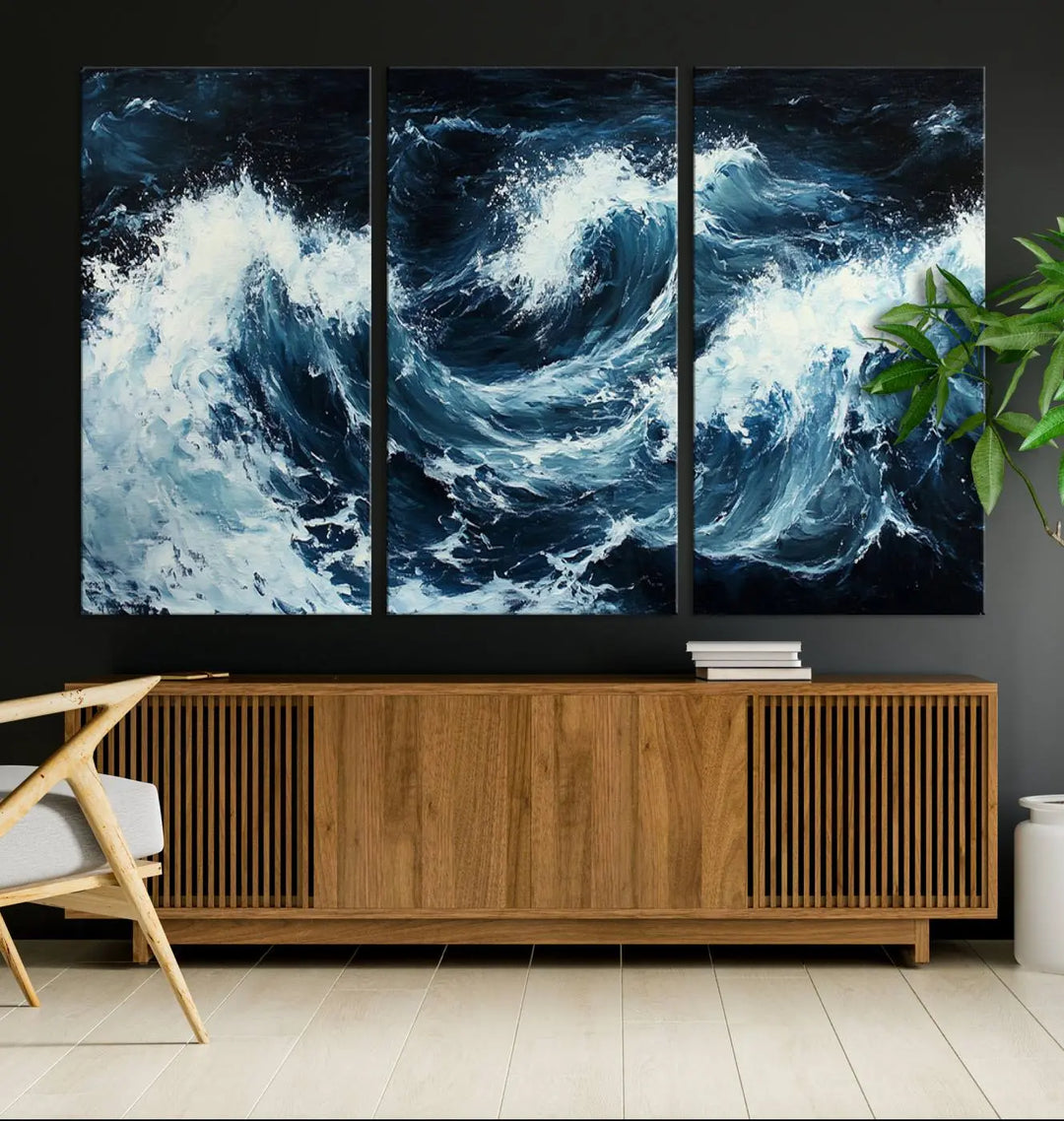 Above the setting, an Abstract Ocean Waves Canvas Wall Art Print is featured.