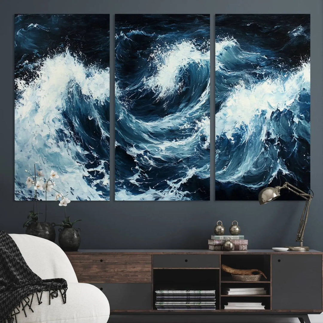 Above the setting, an Abstract Ocean Waves Canvas Wall Art Print is featured.