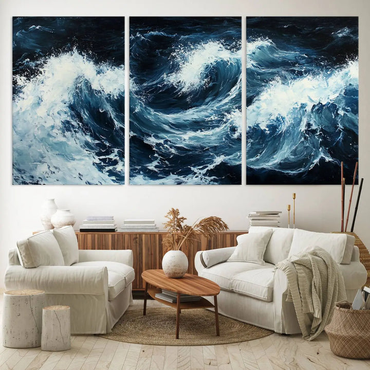 Above the setting, an Abstract Ocean Waves Canvas Wall Art Print is featured.