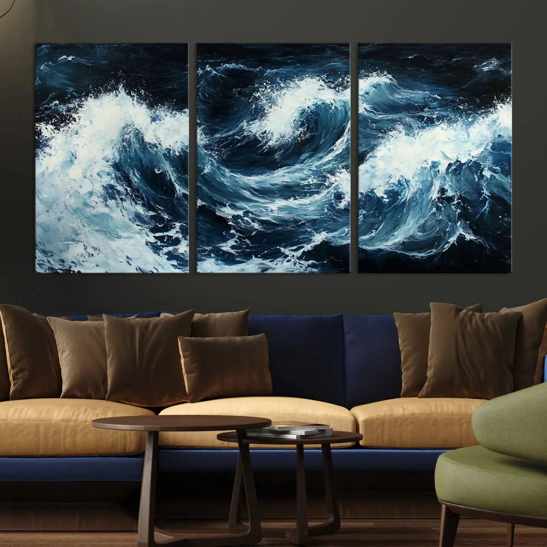 Above the setting, an Abstract Ocean Waves Canvas Wall Art Print is featured.