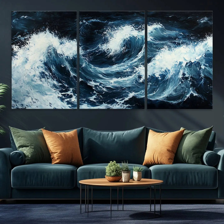 Above the setting, an Abstract Ocean Waves Canvas Wall Art Print is featured.