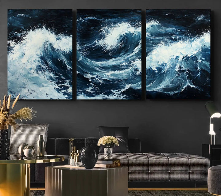 Above the setting, an Abstract Ocean Waves Canvas Wall Art Print is featured.