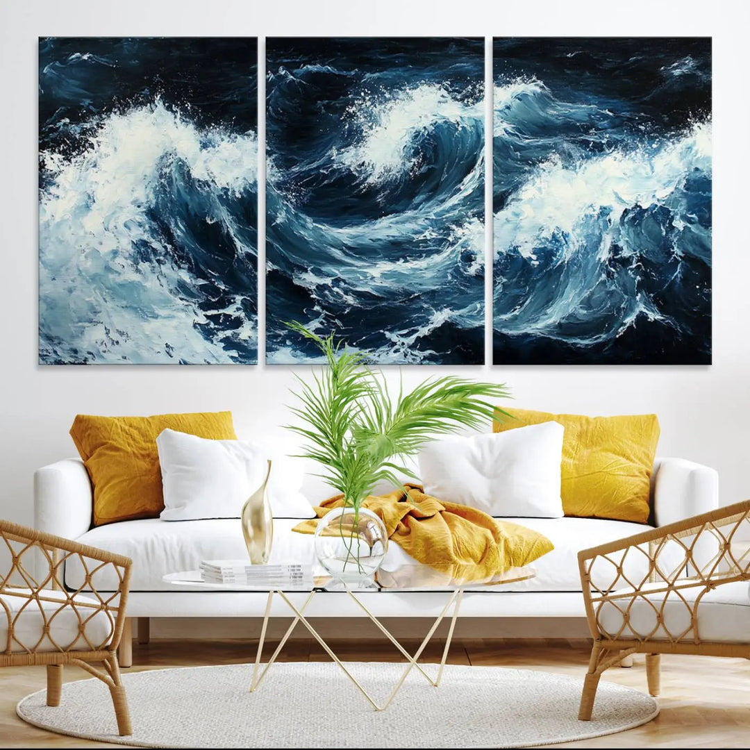 Above the setting, an Abstract Ocean Waves Canvas Wall Art Print is featured.