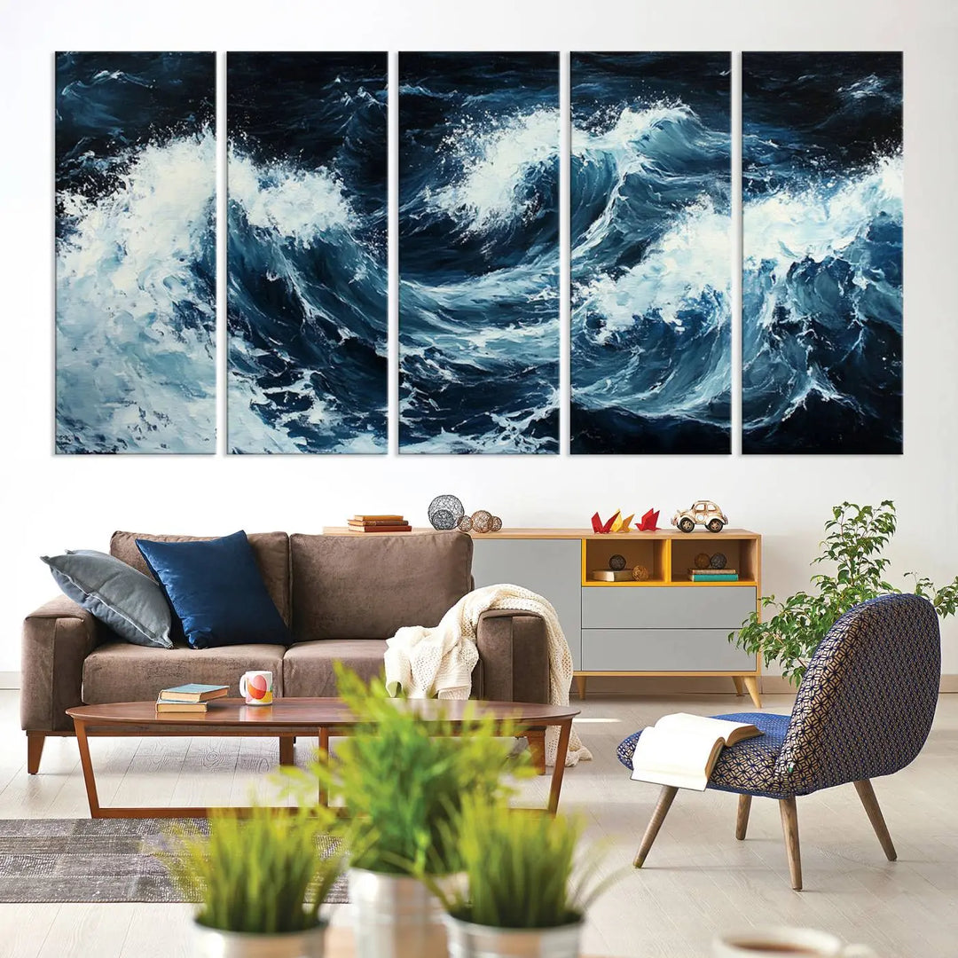 Above the setting, an Abstract Ocean Waves Canvas Wall Art Print is featured.