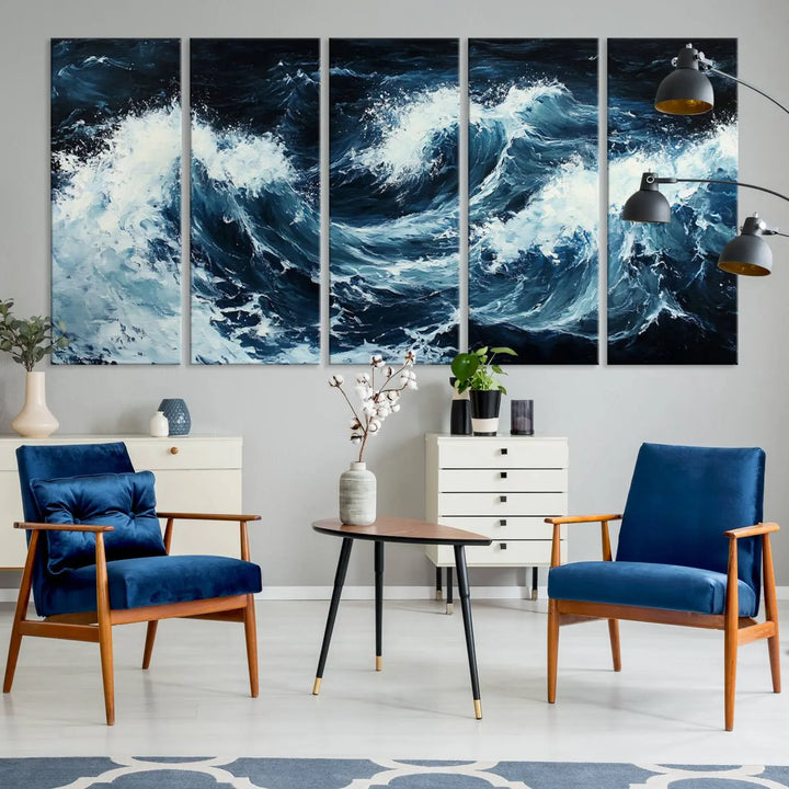 Above the setting, an Abstract Ocean Waves Canvas Wall Art Print is featured.