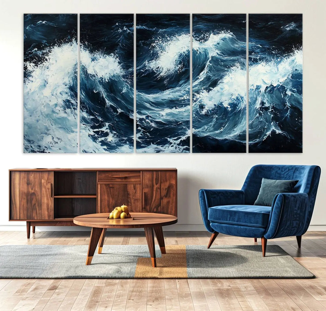 Above the setting, an Abstract Ocean Waves Canvas Wall Art Print is featured.