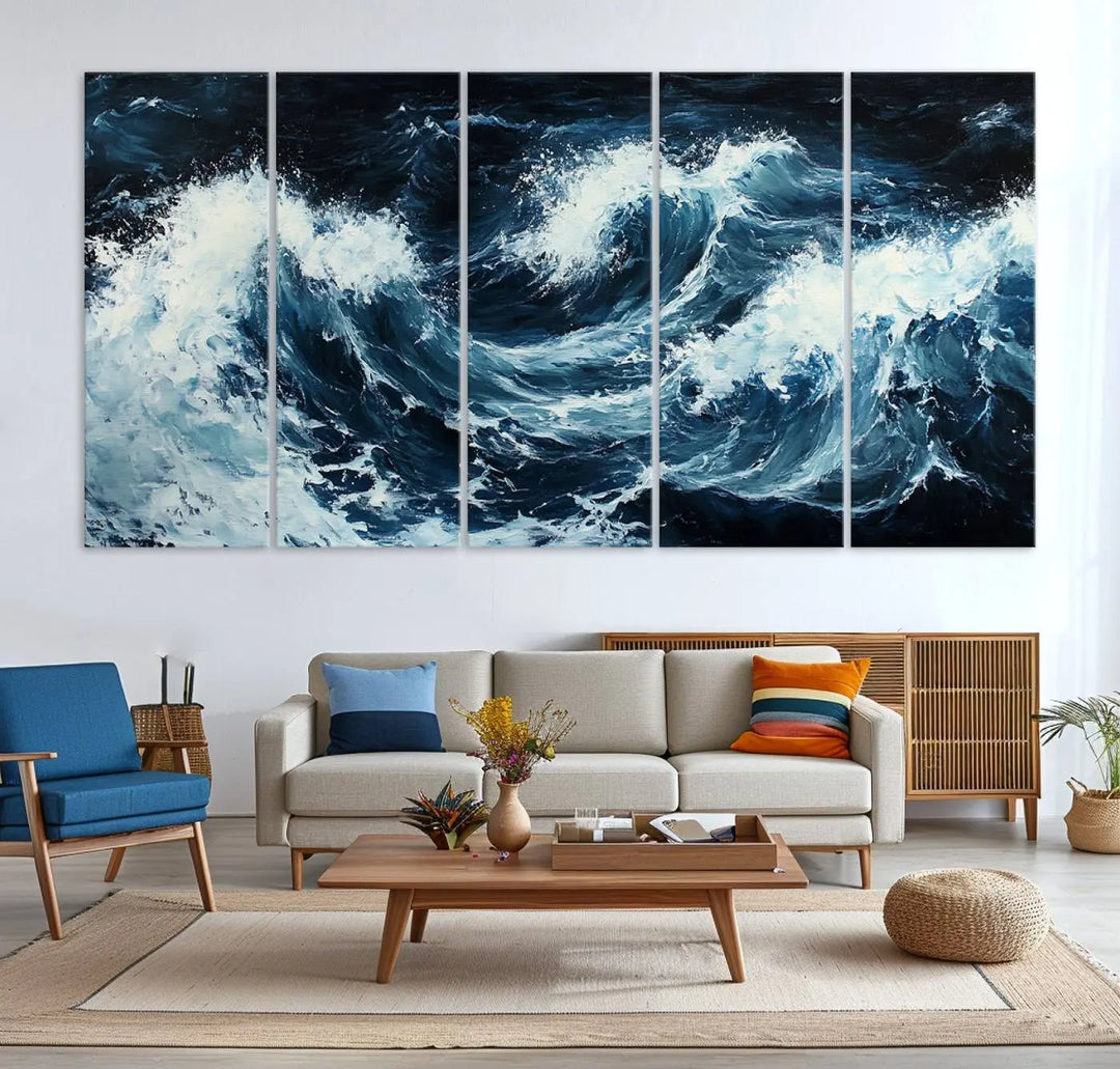 Above the setting, an Abstract Ocean Waves Canvas Wall Art Print is featured.