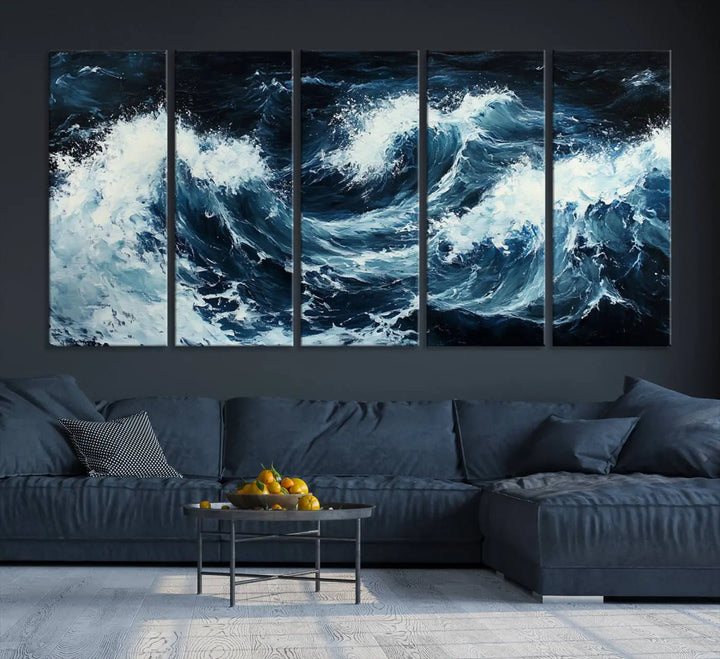 Above the setting, an Abstract Ocean Waves Canvas Wall Art Print is featured.