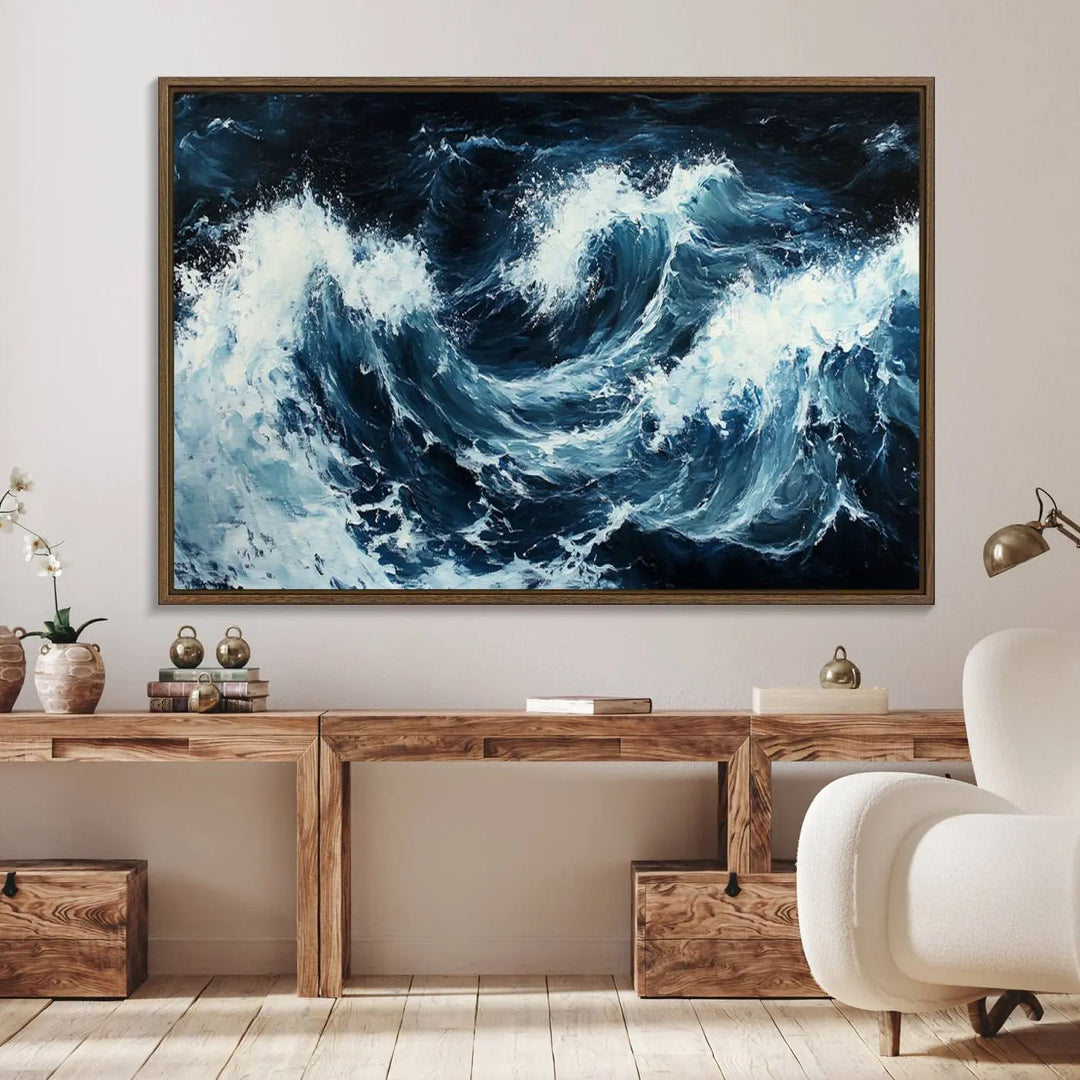 Above the setting, an Abstract Ocean Waves Canvas Wall Art Print is featured.